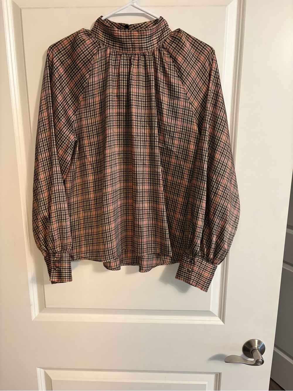 Zara Pink, Brown & Black Plaid High-Neck Silk Blouse